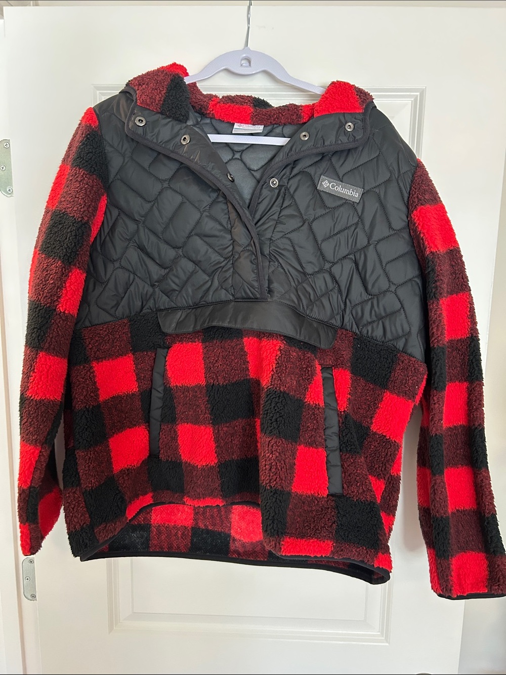 Columbia Red and Black Buffalo Check Quilted Sherpa Hooded Pullover